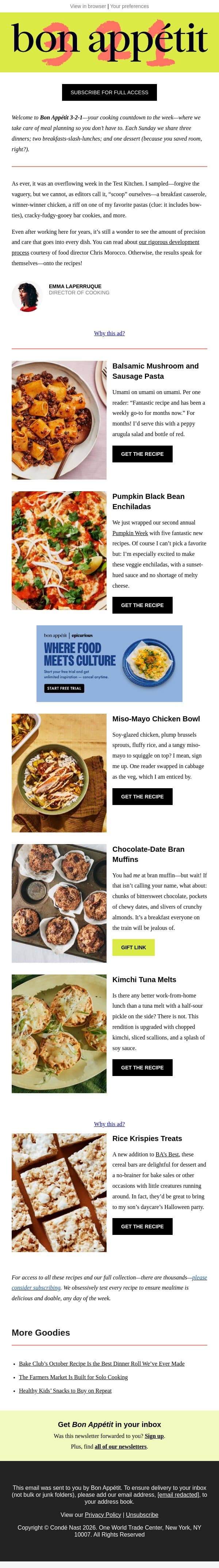 Balsamic mushroom and sausage pasta email from Bon Appétit screenshot