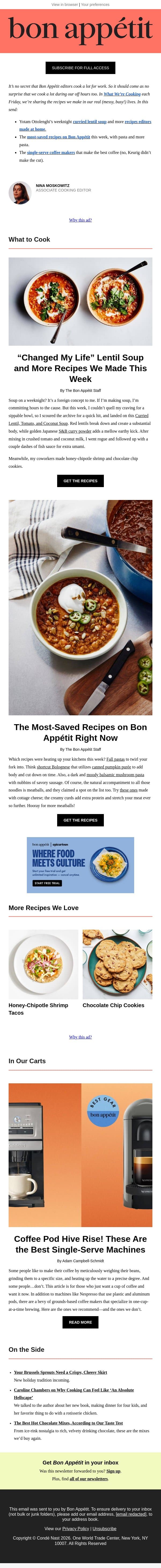 “Changed my life” lentil soup email from Bon Appétit screenshot