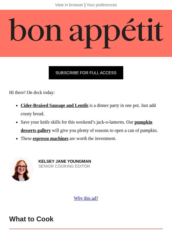 Cider-braised sausage and lentils email from Bon Appétit