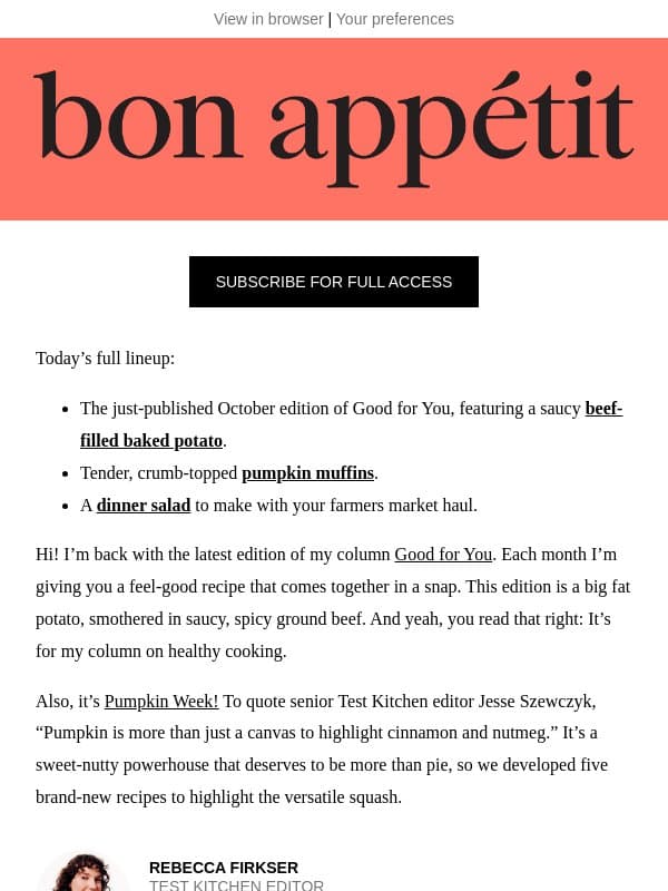 A baked potato smothered in ground beef—it’s healthy! email from Bon Appétit