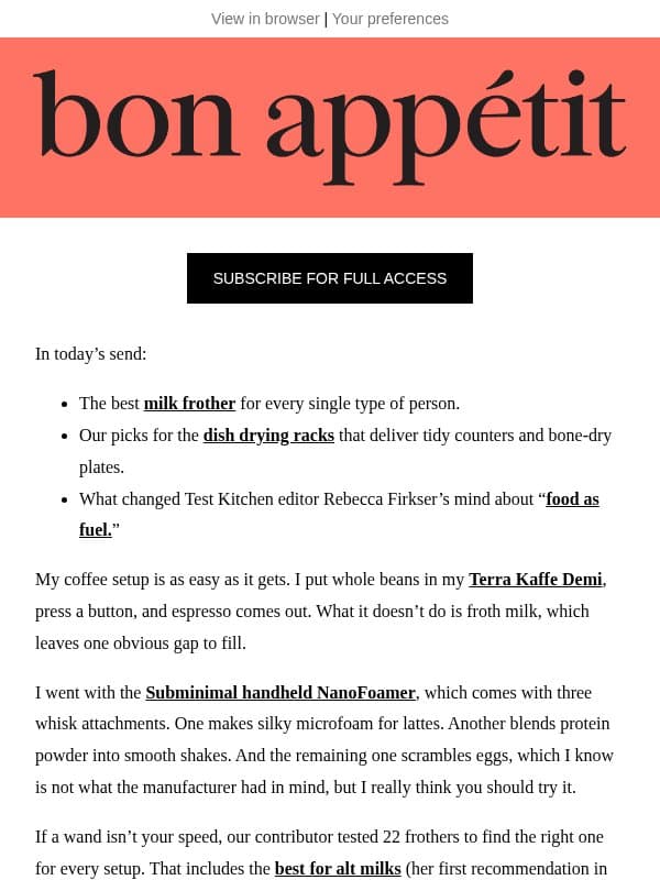 The best milk frother to level up your coffee routine email from Bon Appétit
