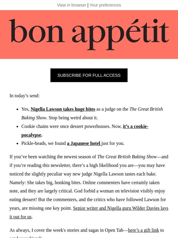 Let Nigella Lawson eat! email from Bon Appétit