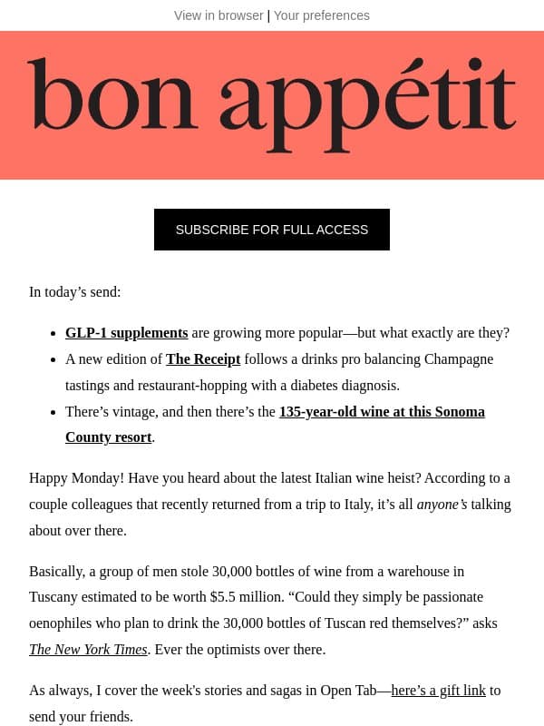 What are GLP-1 boosters, exactly? email from Bon Appétit