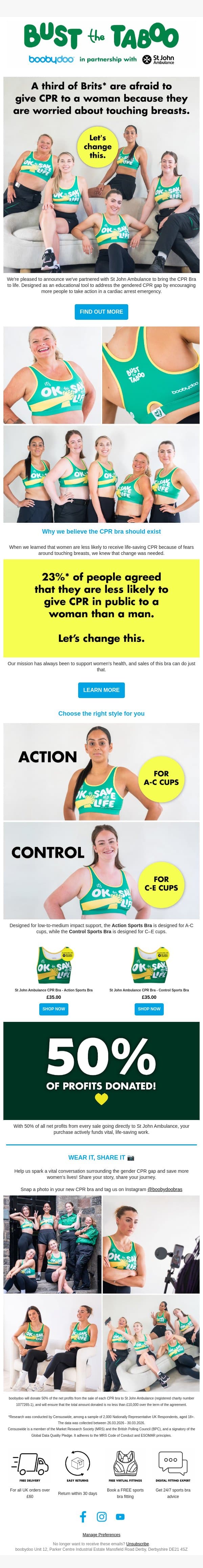 The bra that could save your life 💚 email from Boobydoo screenshot