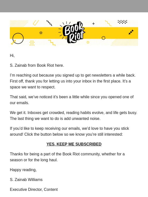 Should we say goodbye? email from Book Riot