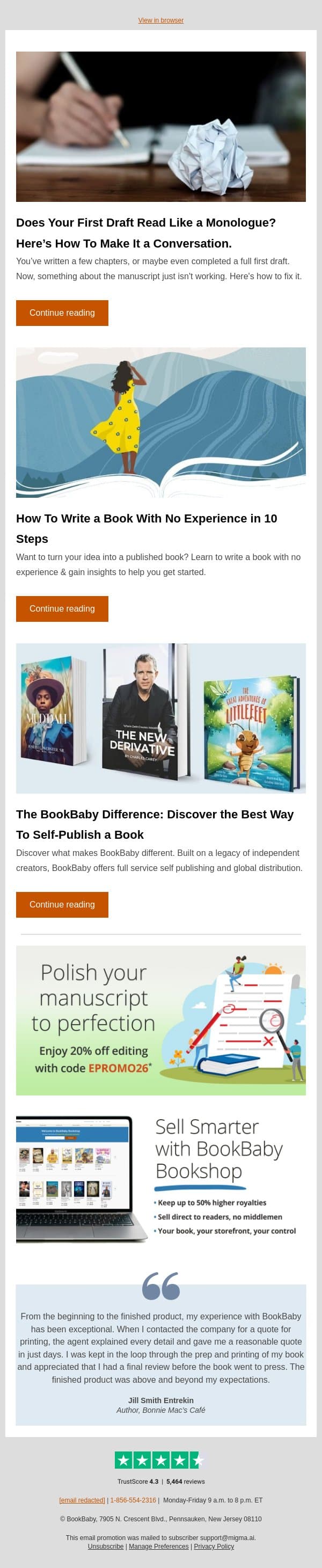 Does your first draft read like a monologue? email from BookBaby screenshot