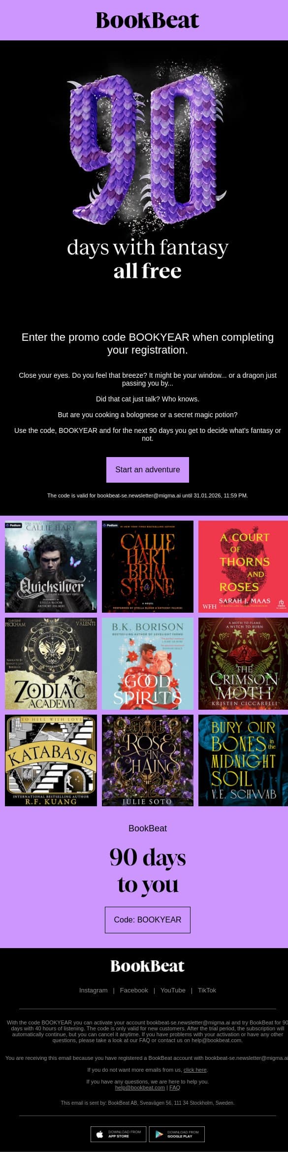 The prophecy says… 90 free days 📜 email from BookBeat screenshot