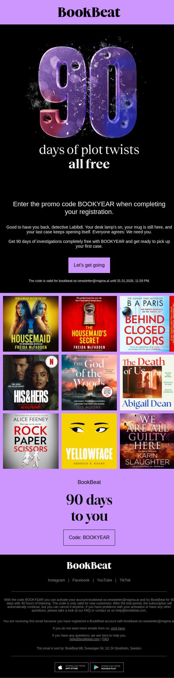 Case reopened: your 90 free days 🕵️ email from BookBeat screenshot