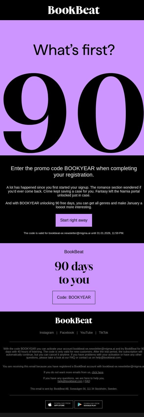 90 days. Every genre. Free. 🎧 email from BookBeat screenshot
