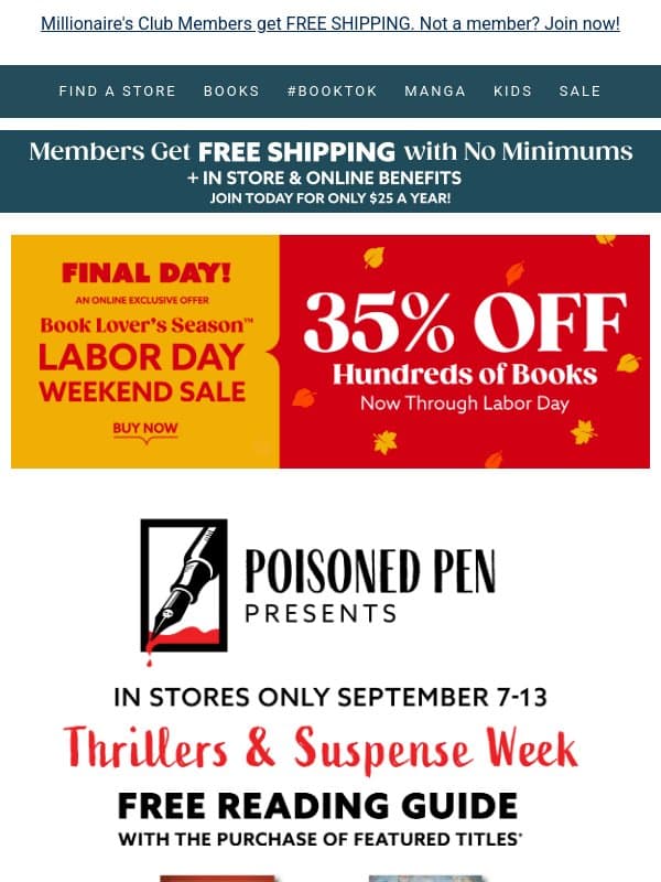 Poisoned Pen Presents Thrillers & Suspense Week email from Books-A-Million