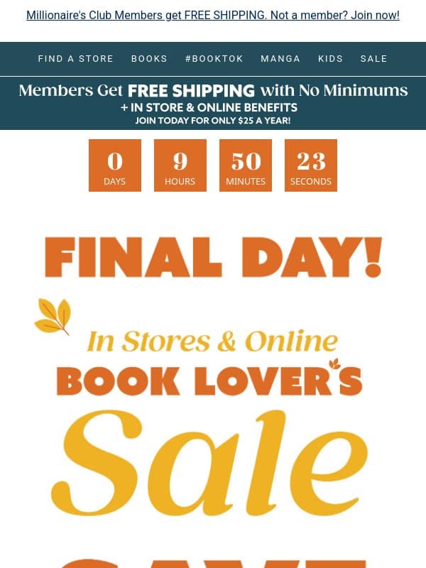 Last Call - Sale Ends TONIGHT email from Books-A-Million