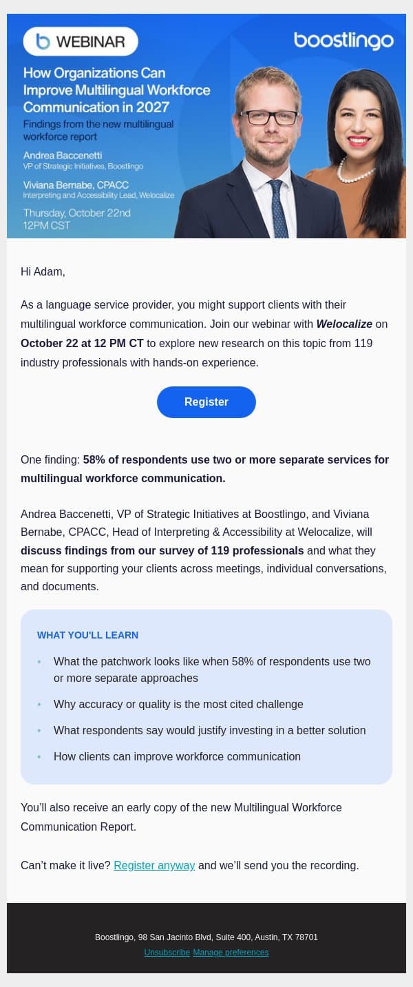 Webinar: Multilingual workforce communication in 2027 email from Boostlingo screenshot