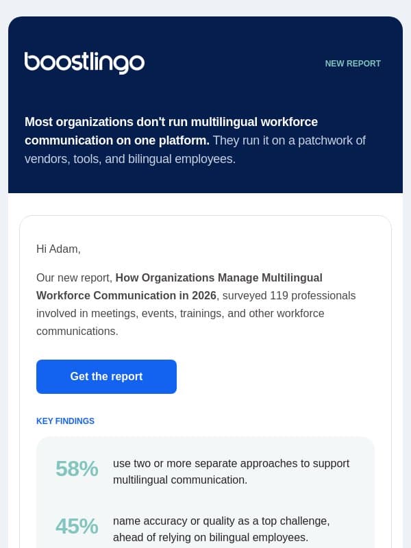 New report: multilingual workforce communication in 2026 email from Boostlingo