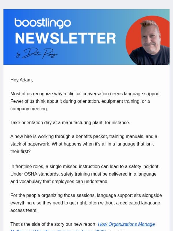 Take orientation day at a manufacturing plant. email from Boostlingo