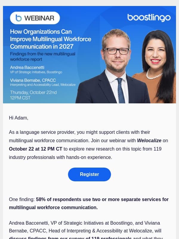 Webinar: Multilingual workforce communication in 2027 email from Boostlingo
