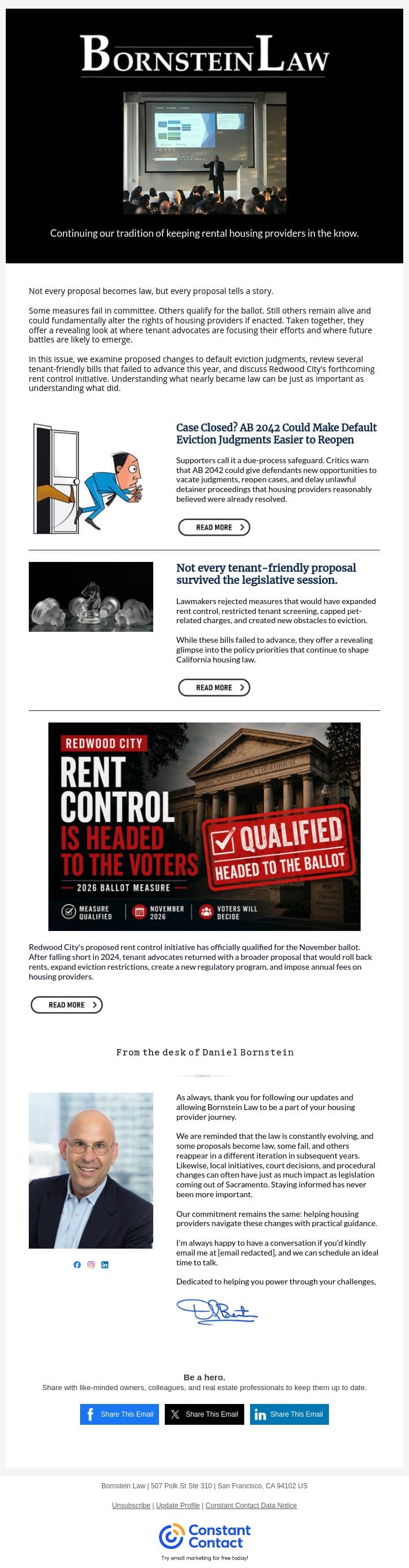 The legislative lowdown as we begin summer email from Bornstein Law screenshot
