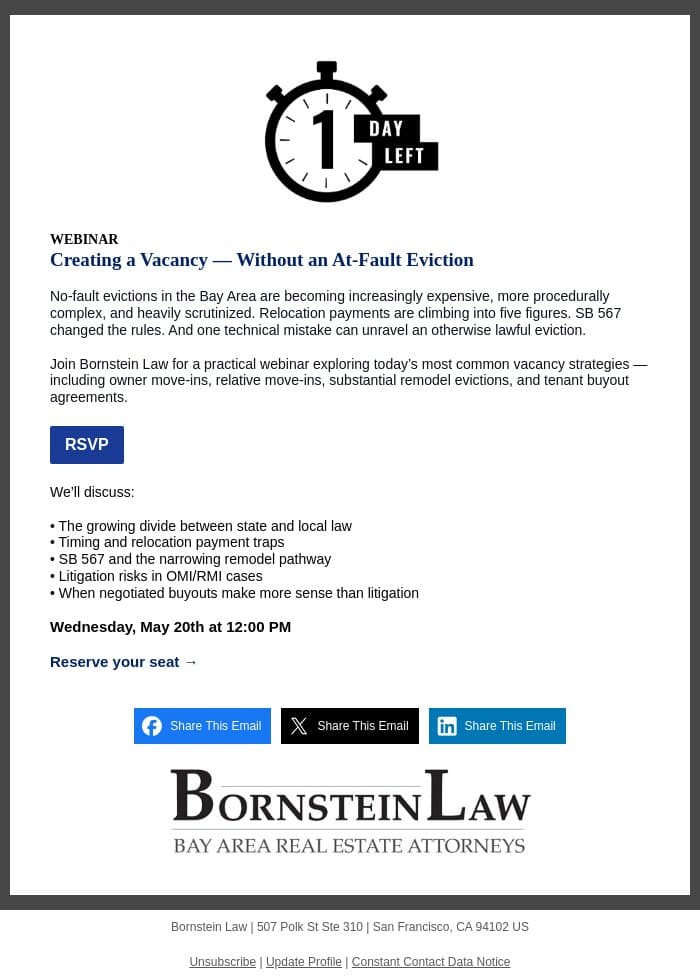 Last Call for a Rousing Discussion email from Bornstein Law screenshot