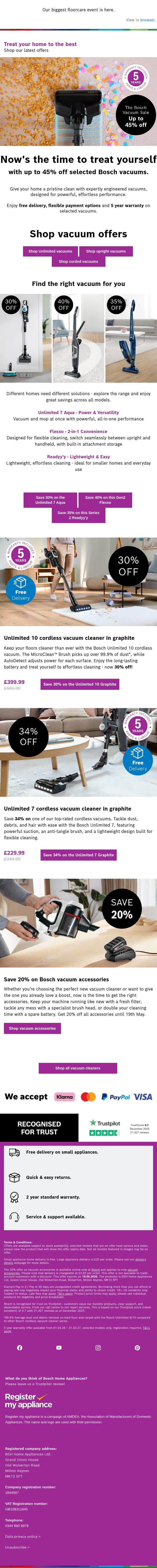 Save up to 45% off our best vacuums email from Bosch UK screenshot