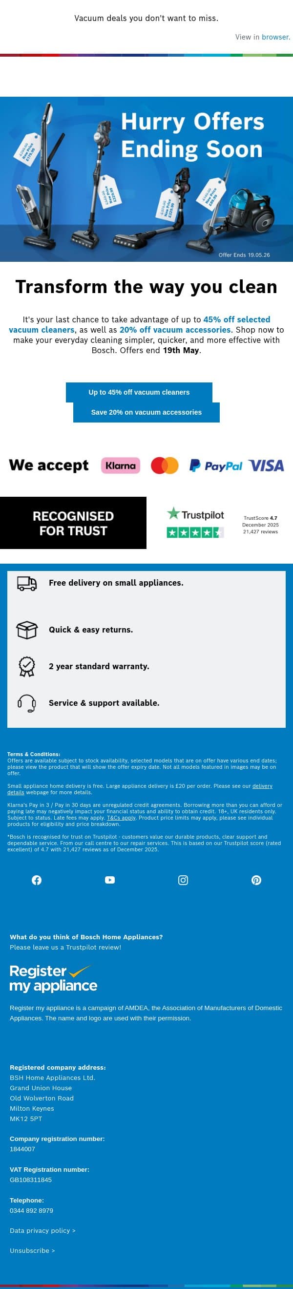 Last chance to save up to 45% on vacuum cleaners email from Bosch UK screenshot