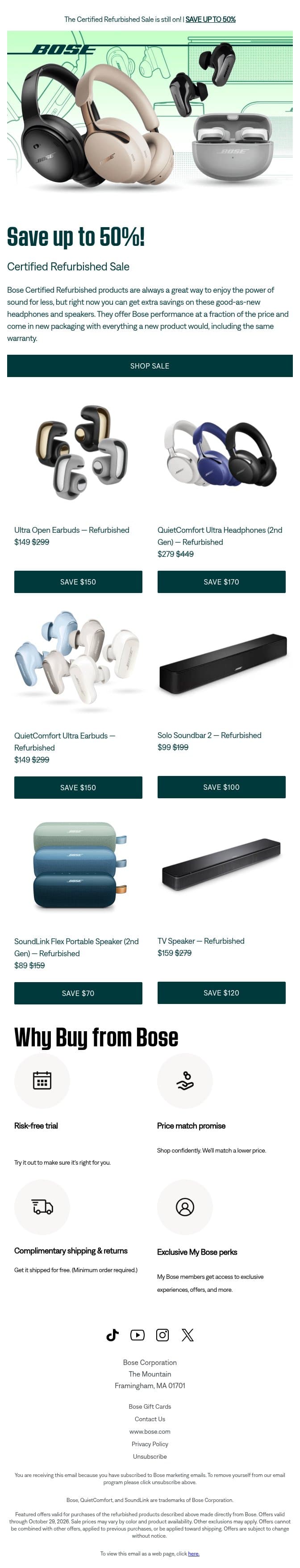 Up to 50% off refurbished headphones & speakers! email from Bose screenshot