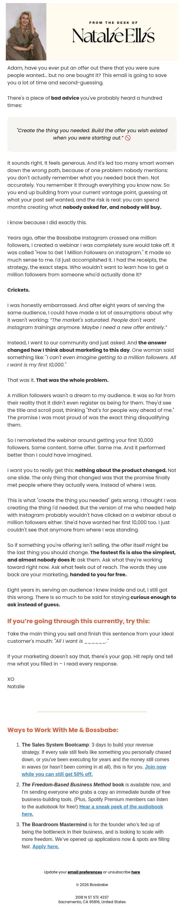 I was sure this would sell (it flopped) email from BossBabe screenshot