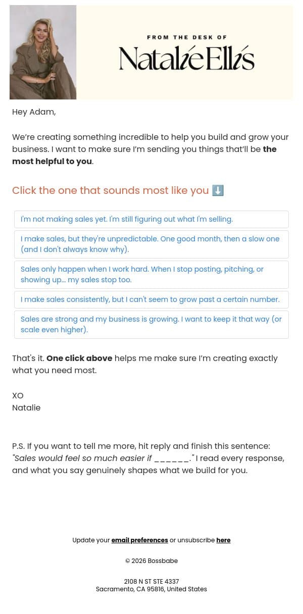 can I ask you 1 quick question? email from BossBabe screenshot
