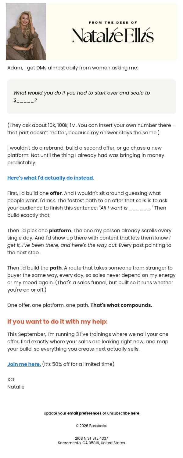 what I'd do if I had to start over email from BossBabe screenshot