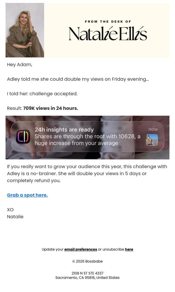 she got me 700k views in 24 hrs email from BossBabe screenshot