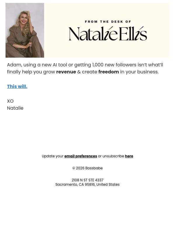 If your business doesn't feel like freedom email from BossBabe screenshot
