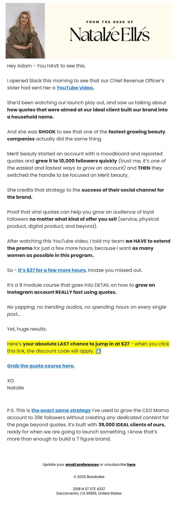 they grew 10k followers in secret!! email from BossBabe screenshot