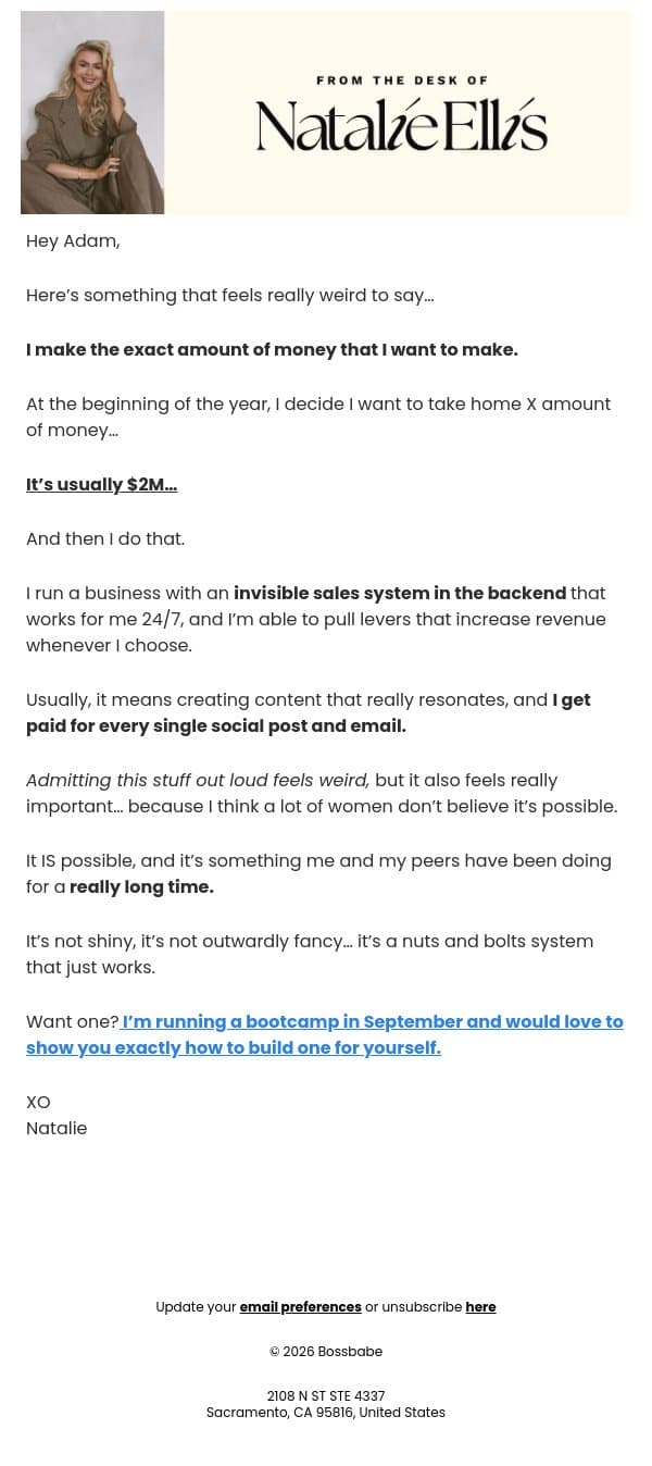 how much money i take home each year email from BossBabe screenshot