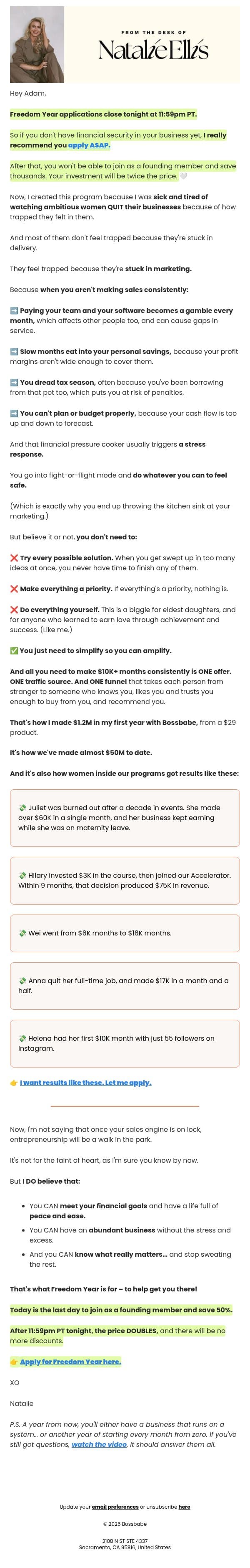 last chance to save $3K on Freedom Year email from BossBabe screenshot