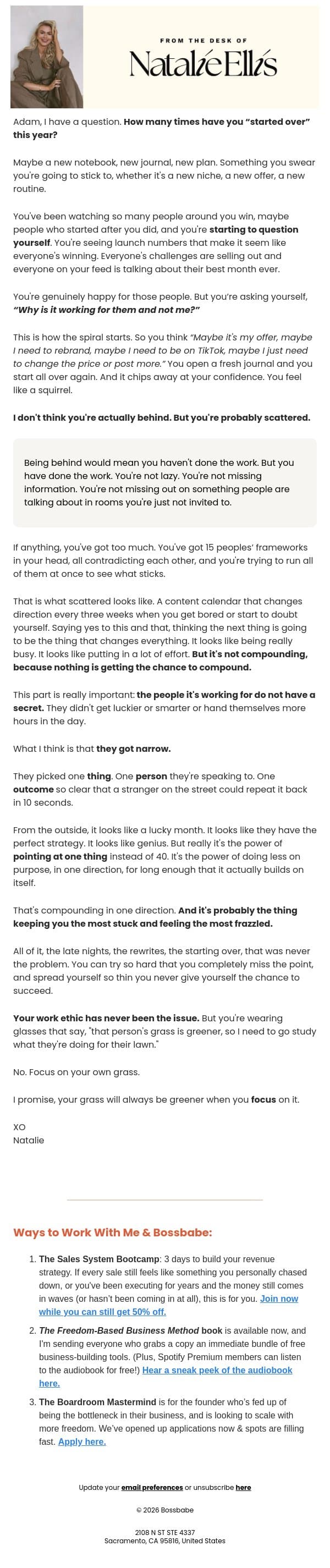 how many times have you started over this year? email from BossBabe screenshot