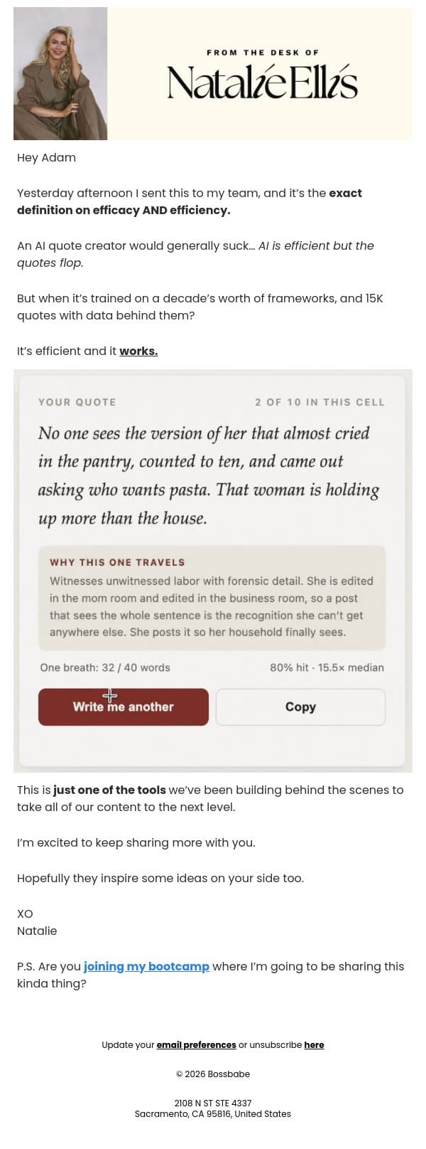 my ai quote tool email from BossBabe screenshot