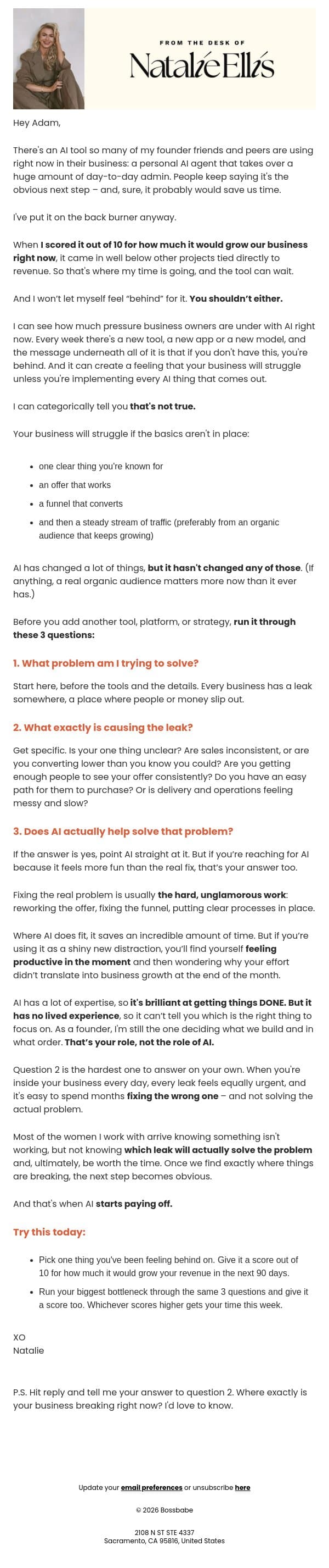don’t let yourself feel behind for this email from BossBabe screenshot