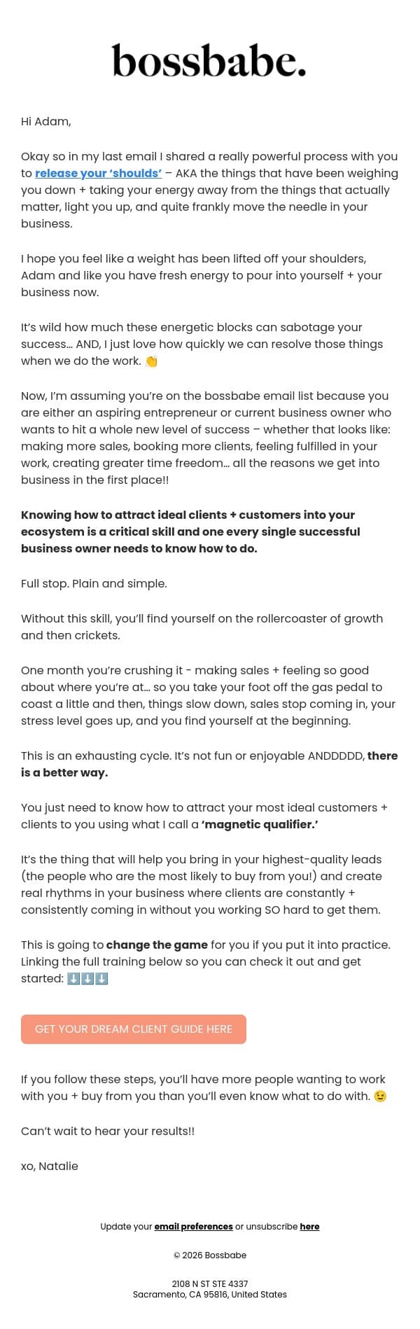 The first step to creating a waitlist of dream clients email from BossBabe screenshot