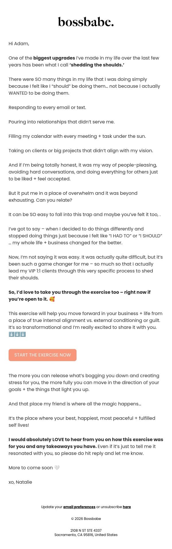 How to change your life + business in 30 days email from BossBabe screenshot