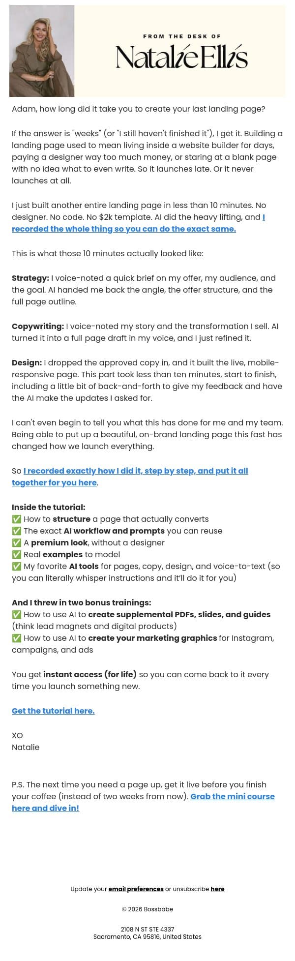 how to create a landing page in 10 minutes or less email from BossBabe screenshot