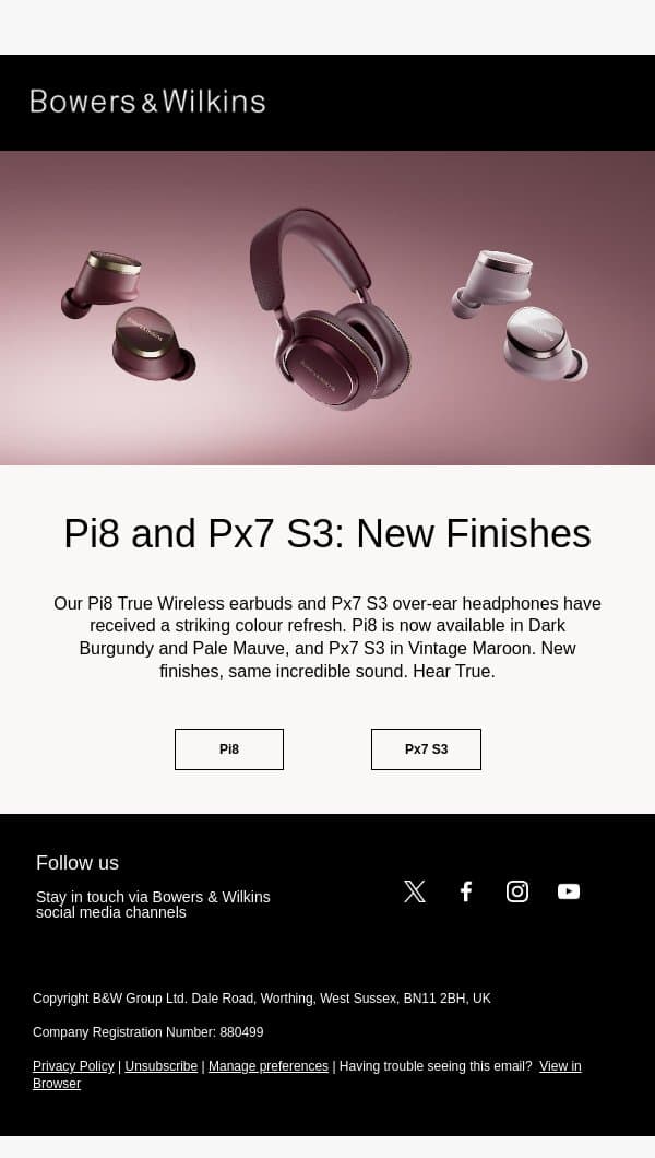 Pi8 and Px7 S3: New Finishes email from Bowers & Wilkins screenshot