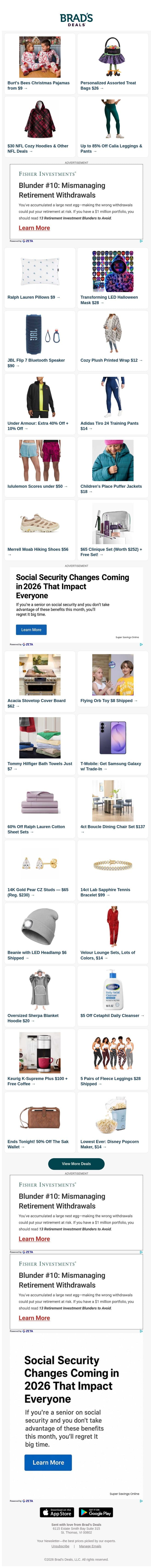 $9 Kids' Holiday Pajamas | $26 Custom Treat Bags | $30 NFL Cozy Hoodies | 85% Off Calia Leggings | $9 Ralph Lauren Pillows | $28 LED Halloween Mask & More email from Brad's Deals screenshot