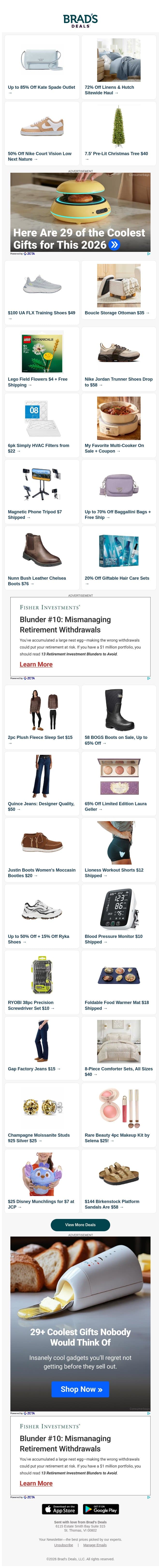 85% Off Kate Spade | 72% Off Linens & Hutch | $43 Nike Court Vision | $40 Christmas Tree | $49 UA FLX Shoes | $35 Boucle Ottoman & More email from Brad's Deals screenshot