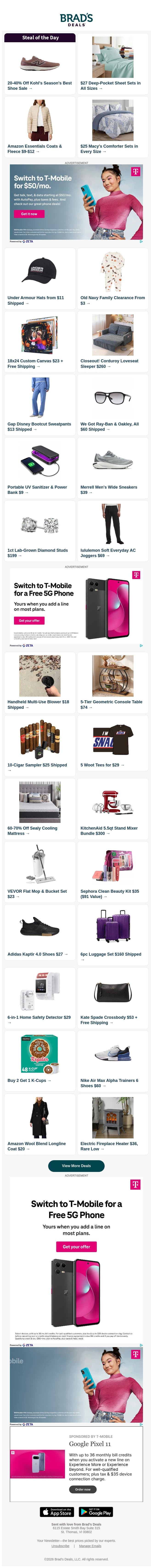 20-40% Off Kohl's Shoes | $27 Sheet Sets | $10 Outerwear | $25 Comforter Sets | $11 UA Hats | $3 Old Navy Clearance & More email from Brad's Deals screenshot