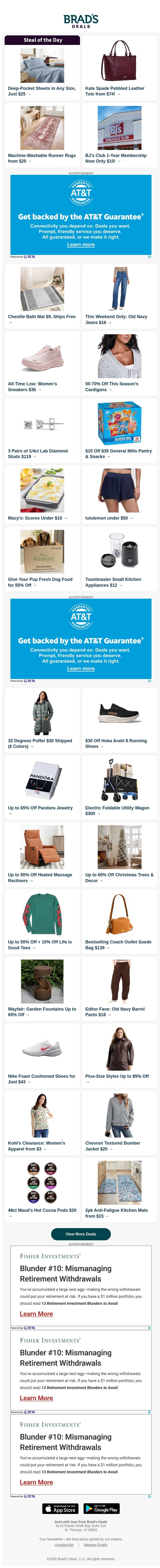 $25 Sheet Sets | $74 Kate Spade Tote | $20 Runner Rugs | $10 BJ's Membership | $9 Bath Mat | $16 Old Navy Jeans & More email from Brad's Deals screenshot