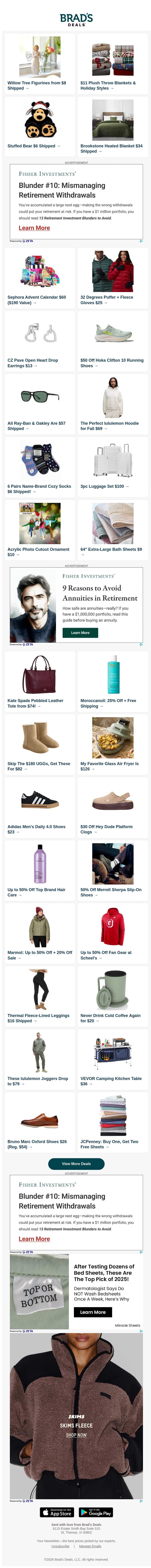 Extra 20% Off Willow Tree | $11 Throw Blankets | $6 Stuffed Bear | $34 Heated Blanket | $60 Sephora Advent | $25 Puffer Jacket & More email from Brad's Deals screenshot