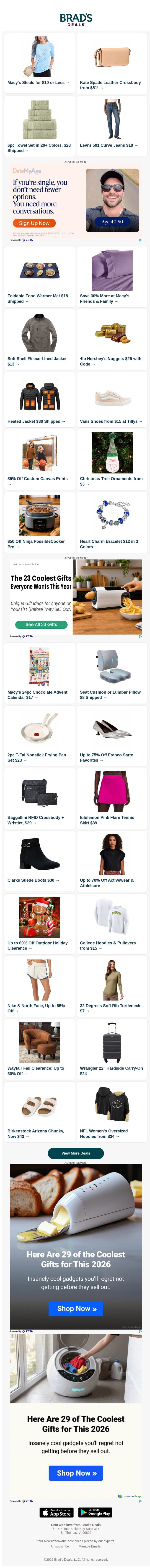 $10 Macy's Steals | $51 Kate Spade Crossbody | $28 6pc Bath Towel Set | $18 Levi's Jeans | $18 Foldable Food Warmer | Extra 30% Off Macy's & More email from Brad's Deals screenshot