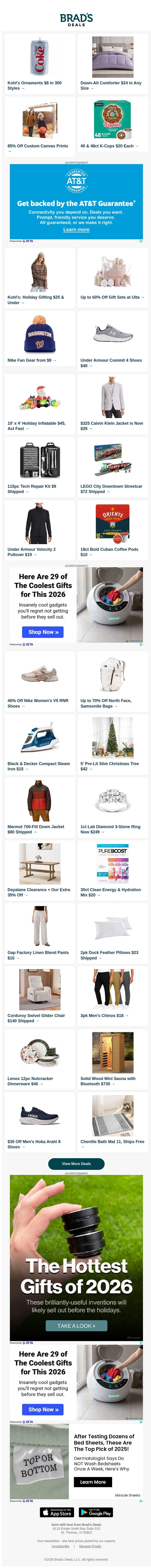 $8 Ornaments | $24 Comforter — All Sizes | 85% Off Custom Canvas | $25 Kohl's Holiday Gifts | 60% Off Gift Sets | 78% Off Nike Fan Gear & More email from Brad's Deals screenshot