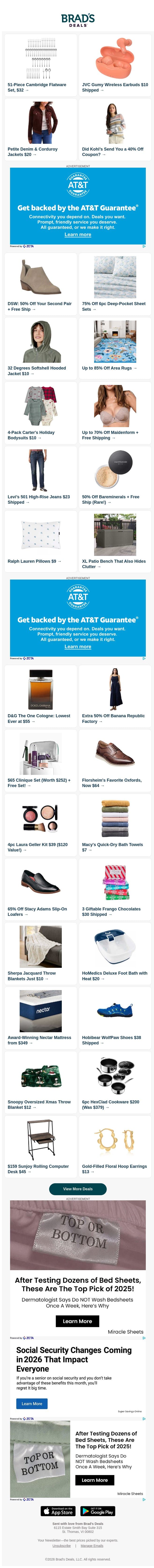 $32 51pc Flatware | $10 JVC Earbuds | $20 Petite Jackets | 40% Off Kohl's | BOGO 50% Off Shoes | 75% Off Sheet Sets & More email from Brad's Deals screenshot