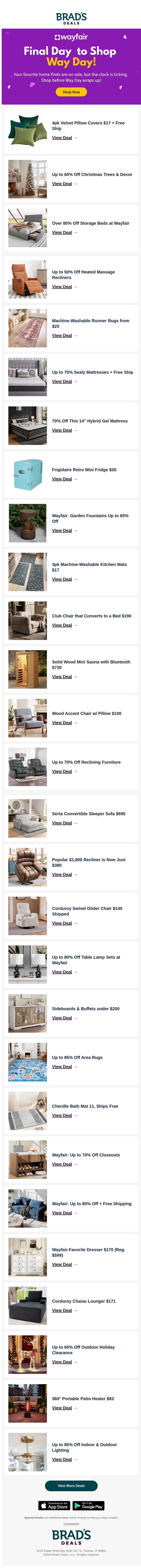 ⏰Last Chance: Way Day Ends Tonight! email from Brad's Deals screenshot