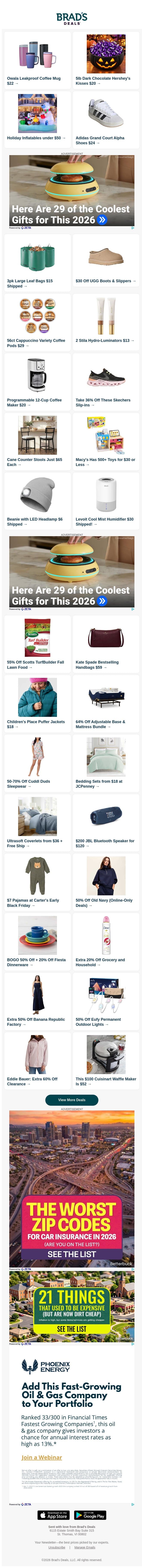 $22 Owala Mug | $20 5lb Hershey's Kisses | $50 Holiday Inflatables | $24 Adidas Shoes | $15 3pk Leaf Bags | $30 Off UGG Shoes & More email from Brad's Deals screenshot