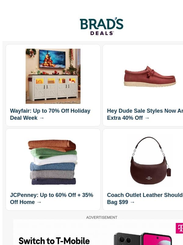 70% Off Wayfair | Extra 40% Off Hey Dude | JCPenney Home Sale | $99 Coach Outlet Bag | $15 RC Lizard | Free Samsung w/ Plan & More email from Brad's Deals
